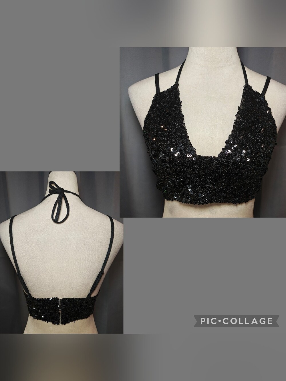 Y2K ASOS Black Sequins Halter Clubbing Crop Top w Back Zip.